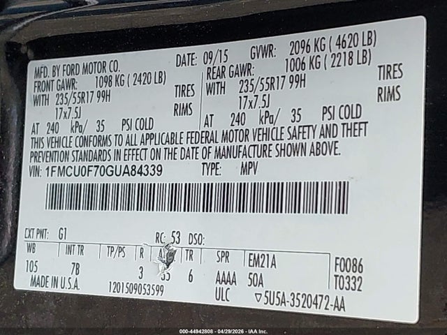 Продаж на аукціоні авто 2016 Ford Escape S, vin: 1FMCU0F70GUA84339, номер лоту: 44942808