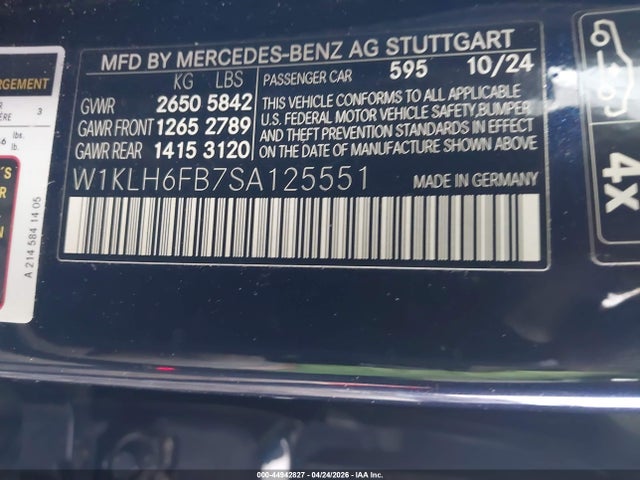 Aukcja sprzedaży 2025 Mercedes-benz E 450 4matic, vin: W1KLH6FB7SA125551, numer aukcji: 44942827