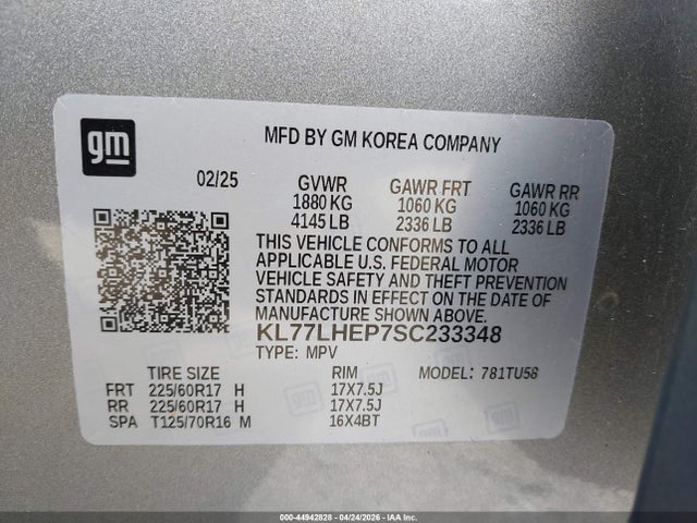 2025 Chevrolet Trax Fwd Lt მანქანა იყიდება აუქციონზე, vin: KL77LHEP7SC233348, აუქციონის ნომერი: 44942828