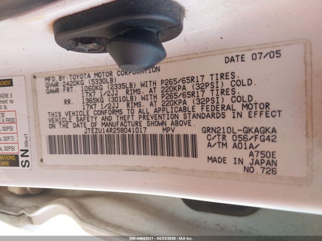 2005 Toyota 4runner Sr5 V6 მანქანა იყიდება აუქციონზე, vin: JTEZU14R258041017, აუქციონის ნომერი: 44942831