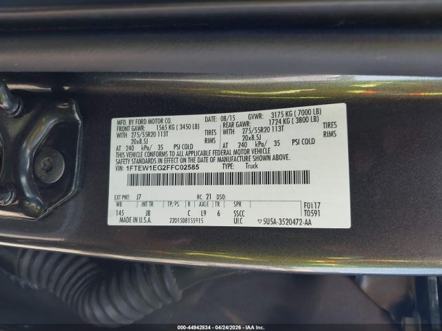 44942834 :رقم المزاد ، 1FTEW1EG2FFC02585 vin ، 2015 Ford F-150 Xlt مزاد بيع