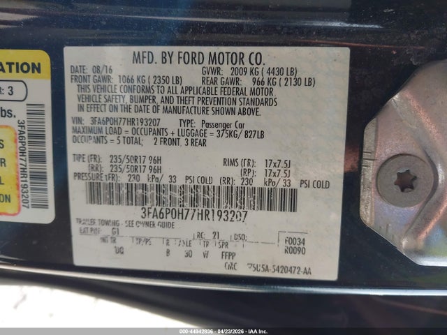 44942836 :رقم المزاد ، 3FA6P0H77HR193207 vin ، 2017 Ford Fusion Se مزاد بيع