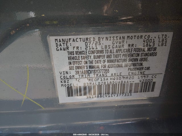 44942840 :رقم المزاد ، 3N1AB8CV1SY377355 vin ، 2025 Nissan Sentra Sv مزاد بيع