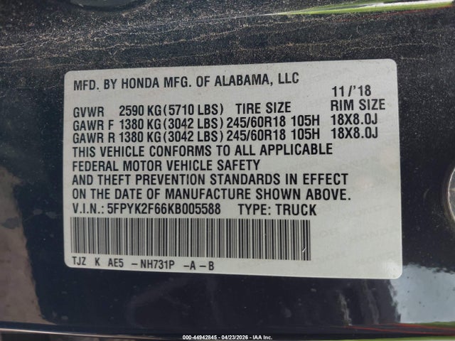 Honda Ridgeline Rtl-t 2019 5FPYK2F66KB005588 Image 9