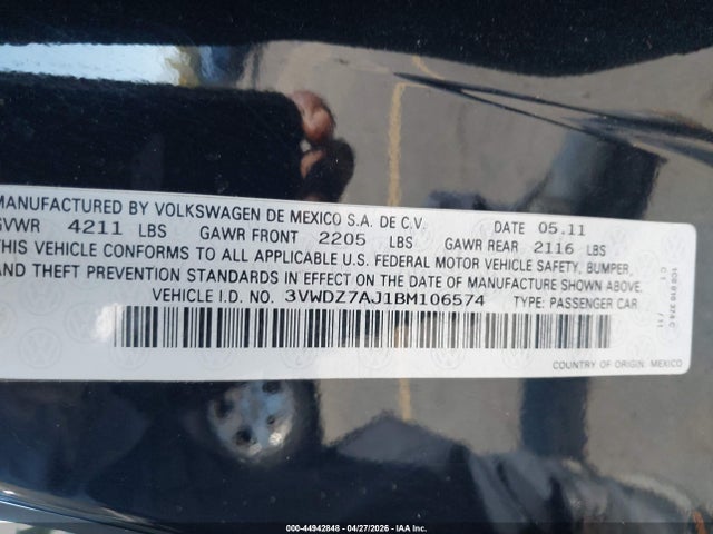 Aukcja sprzedaży 2011 Volkswagen Jetta 2.5l Se, vin: 3VWDZ7AJ1BM106574, numer aukcji: 44942848