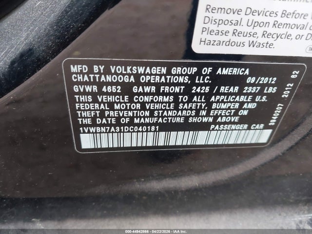 44942866 :رقم المزاد ، 1VWBN7A31DC040181 vin ، 2013 Volkswagen Passat 2.0l Tdi Se مزاد بيع