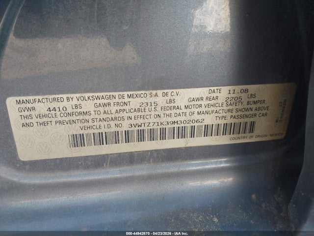 Продаж на аукціоні авто 2009 Volkswagen Jetta 2.5l Se, vin: 3VWTZ71K39M302062, номер лоту: 44942870