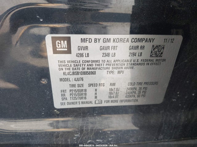 44942874 :رقم المزاد ، KL4CJBSB1DB056960 vin ، 2013 Buick Encore Convenience مزاد بيع