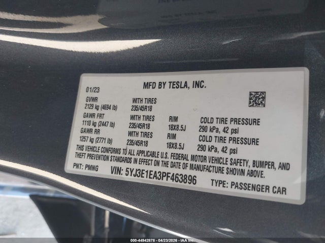44942878 :رقم المزاد ، 5YJ3E1EA3PF463896 vin ، 2023 Tesla Model 3 Rear-wheel Drive مزاد بيع