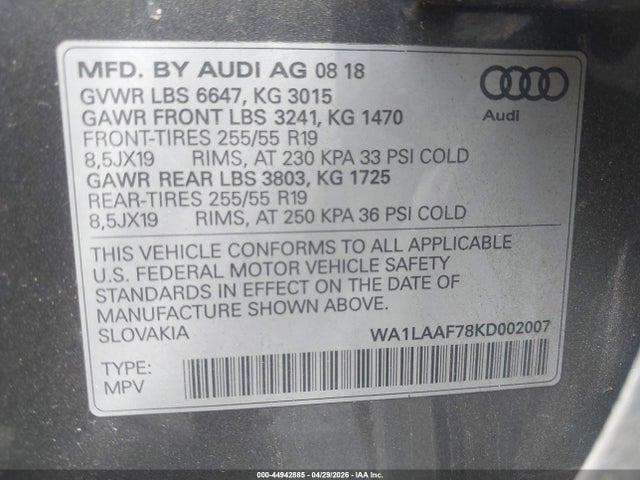 44942885 :رقم المزاد ، WA1LAAF78KD002007 vin ، 2019 Audi Q7 55 Premium/55 Se Premium مزاد بيع
