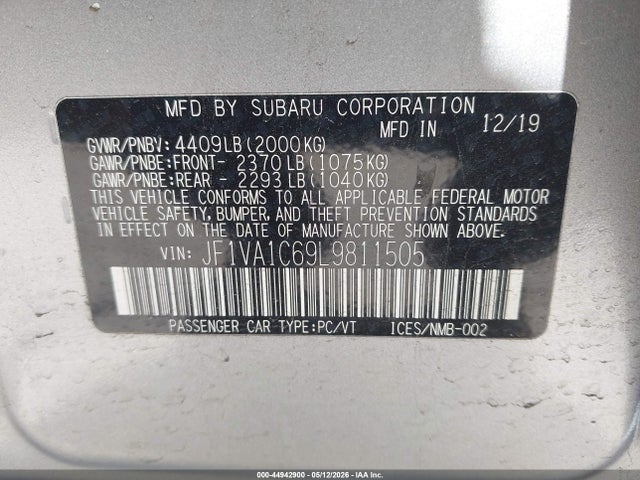 Aukcja sprzedaży 2020 Subaru Wrx Premium, vin: JF1VA1C69L9811505, numer aukcji: 44942900