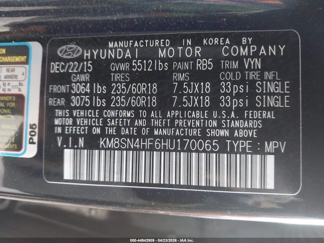 KM8SN4HF6HU170065 Hyundai Santa Fe Limited
