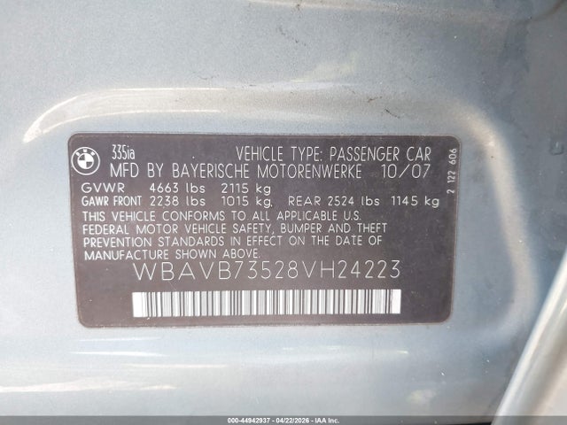 Продажа на аукционе авто 2008 Bmw 335i, vin: WBAVB73528VH24223, номер лота: 44942937