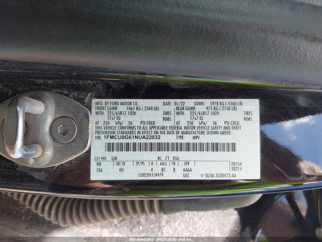 Aukcja sprzedaży 2022 Ford Escape Se, vin: 1FMCU0G61NUA22032, numer aukcji: 44942943