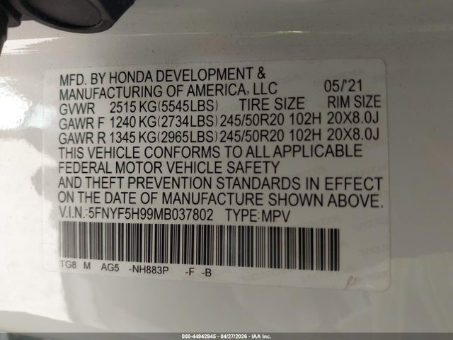Продаж на аукціоні авто 2021 Honda Pilot 2wd Touring 8 Passenger, vin: 5FNYF5H99MB037802, номер лоту: 44942945