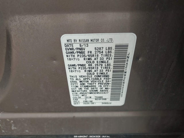 JN8AZ1MW3EW502427 Nissan MURANO SL