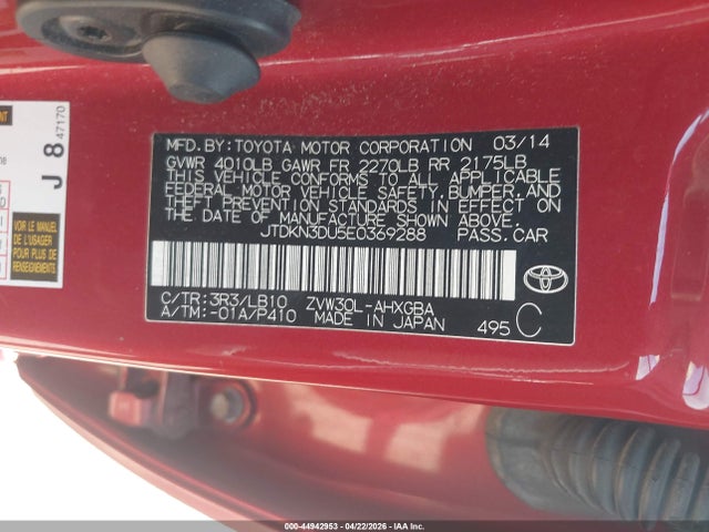 Aukcja sprzedaży 2014 Toyota Prius Four, vin: JTDKN3DU5E0369288, numer aukcji: 44942953