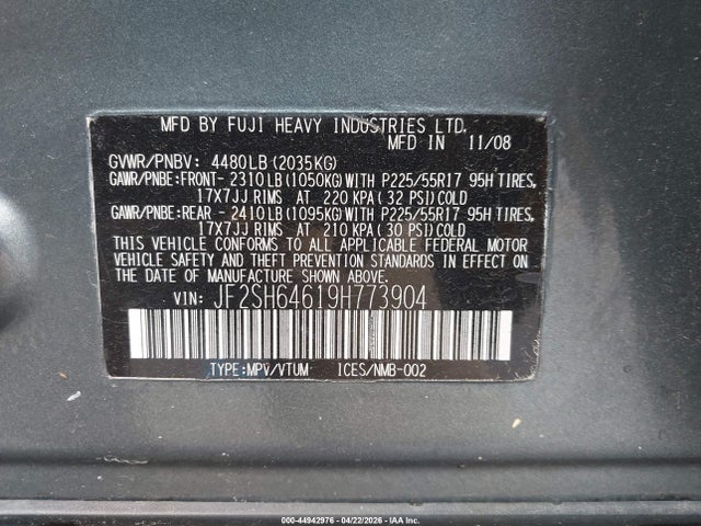 Продажа на аукционе авто 2009 Subaru Forester 2.5x Limited, vin: JF2SH64619H773904, номер лота: 44942976