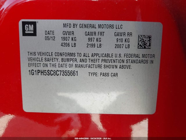 Продаж на аукціоні авто 2012 Chevrolet Cruze Ltz, vin: 1G1PH5SC8C7355661, номер лоту: 44942986