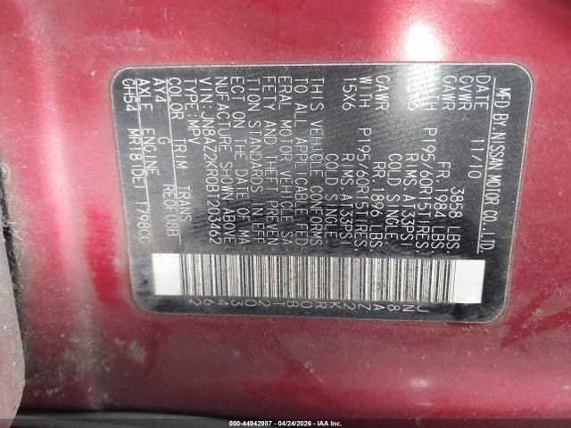 2011 Nissan Cube 1.8s მანქანა იყიდება აუქციონზე, vin: JN8AZ2KR0BT203462, აუქციონის ნომერი: 44942987