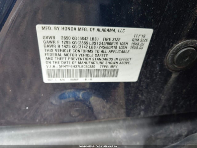 Aukcja sprzedaży 2020 Honda Pilot Awd Ex, vin: 5FNYF6H37LB030380, numer aukcji: 44942995