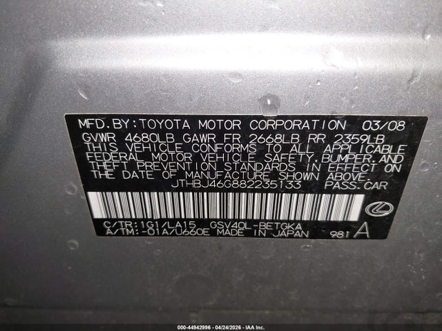 Aukcja sprzedaży 2008 Lexus Es 350, vin: JTHBJ46G882235133, numer aukcji: 44942996