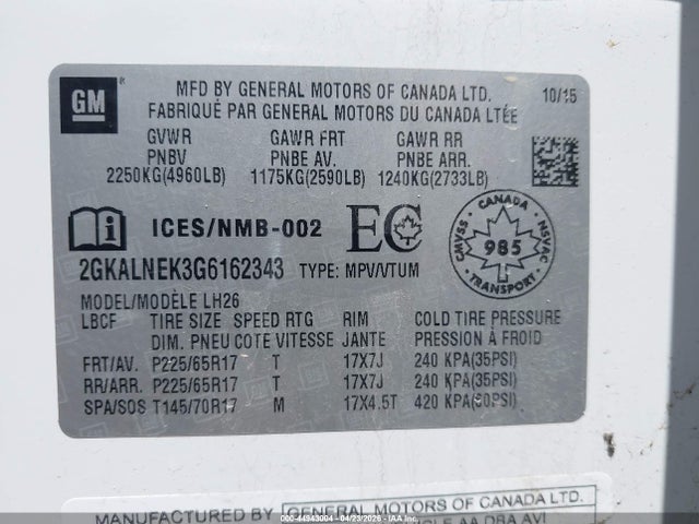 GMC Terrain Sle-2 2016 2GKALNEK3G6162343 Image 9