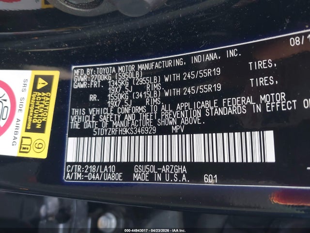 Toyota Highlander Limited 2019 5TDYZRFH9KS346929 Image 9