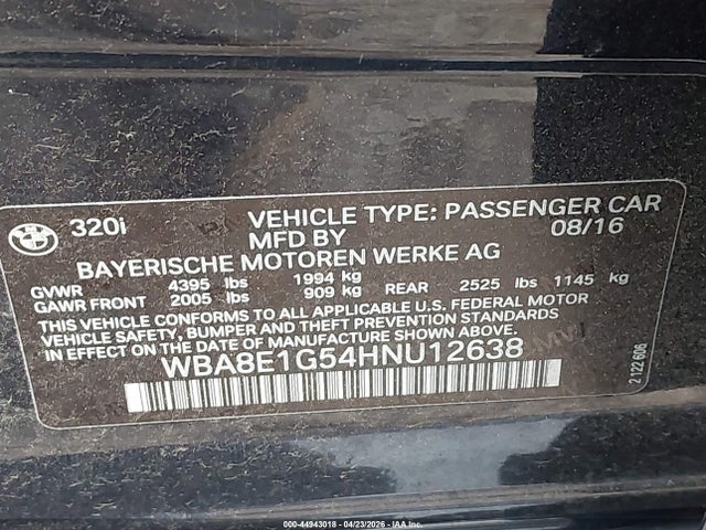 Aukcja sprzedaży 2017 Bmw 320i, vin: WBA8E1G54HNU12638, numer aukcji: 44943018