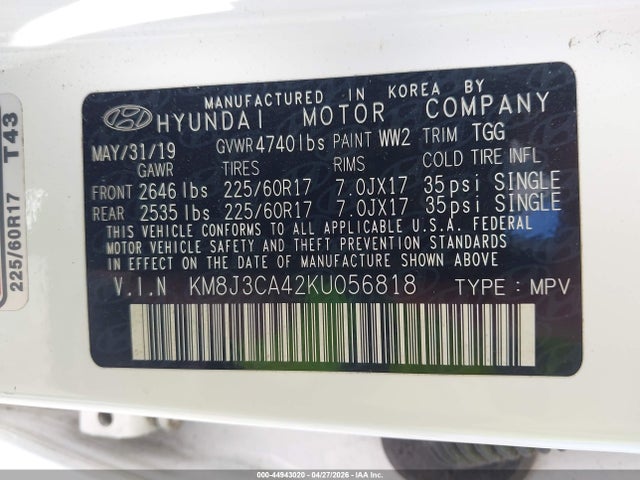 Aukcja sprzedaży 2019 Hyundai Tucson Value, vin: KM8J3CA42KU056818, numer aukcji: 44943020