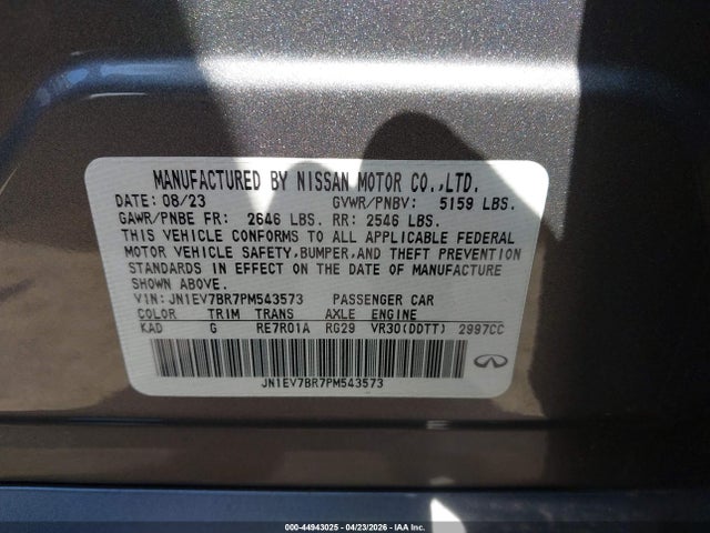 Aukcja sprzedaży 2023 Infiniti Q50 Luxe Awd, vin: JN1EV7BR7PM543573, numer aukcji: 44943025