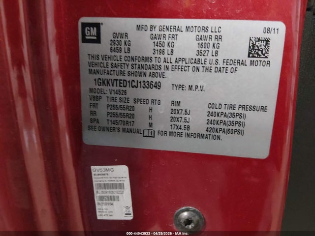 Aukcja sprzedaży 2012 Gmc Acadia Denali, vin: 1GKKVTED1CJ133649, numer aukcji: 44943033
