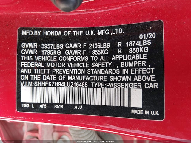 SHHFK7H94LU216468 Honda Civic Sport Touring