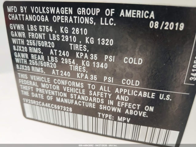 Aukcja sprzedaży 2019 Volkswagen Atlas 3.6l V6 Sel R-line, vin: 1V2SR2CA4KC597328, numer aukcji: 44943062