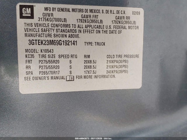 2009 Gmc Sierra 1500 Sle მანქანა იყიდება აუქციონზე, vin: 3GTEK23M69G192141, აუქციონის ნომერი: 44943073