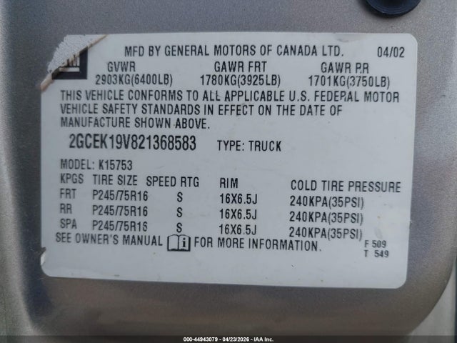 2002 Chevrolet Silverado K1500 მანქანა იყიდება აუქციონზე, vin: 2GCEK19V821368583, აუქციონის ნომერი: 44943079