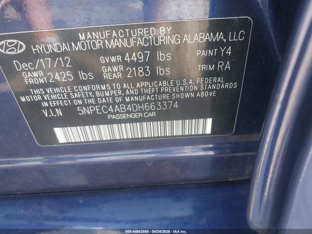 Aukcja sprzedaży 2013 Hyundai Sonata Se 2.0t, vin: 5NPEC4AB4DH663374, numer aukcji: 44943080