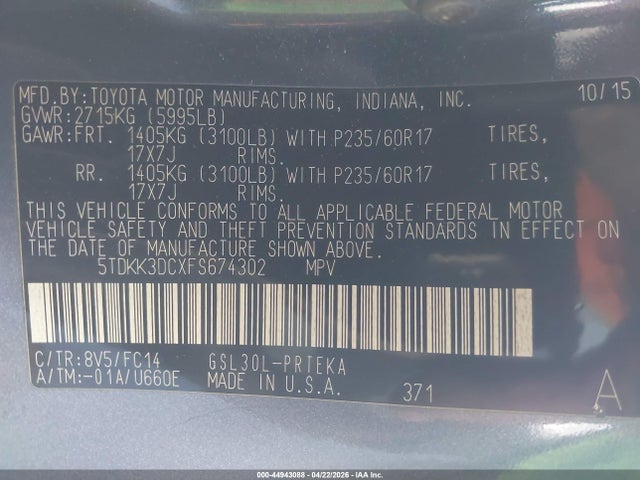 44943088 :رقم المزاد ، 5TDKK3DCXFS674302 vin ، 2015 Toyota Sienna Le 8 Passenger مزاد بيع