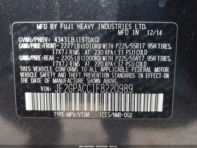 Продаж на аукціоні авто 2015 Subaru Xv Crosstrek 2.0i Premium, vin: JF2GPACC1F8220989, номер лоту: 44943092