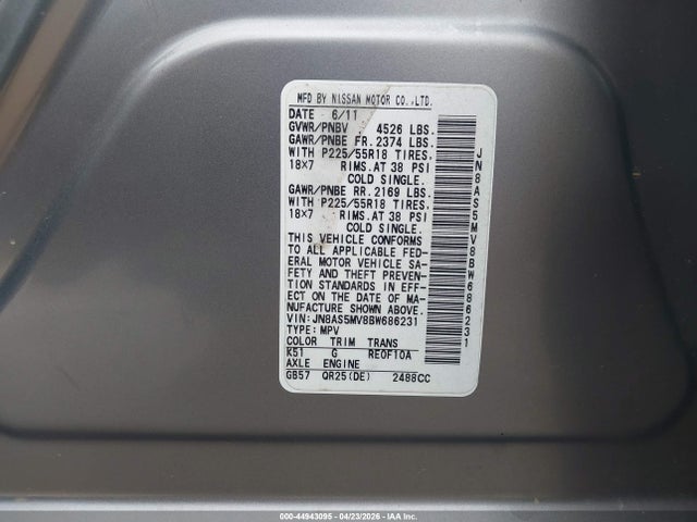 2011 Nissan Rogue Sv მანქანა იყიდება აუქციონზე, vin: JN8AS5MV8BW686231, აუქციონის ნომერი: 44943095