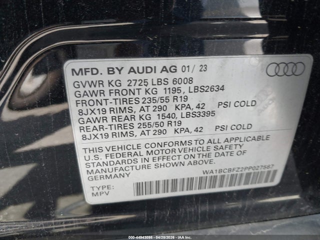 2023 Audi Q4 E-tron Premium Plus 40 Rwd მანქანა იყიდება აუქციონზე, vin: WA1BCBFZ2PP027567, აუქციონის ნომერი: 44943098