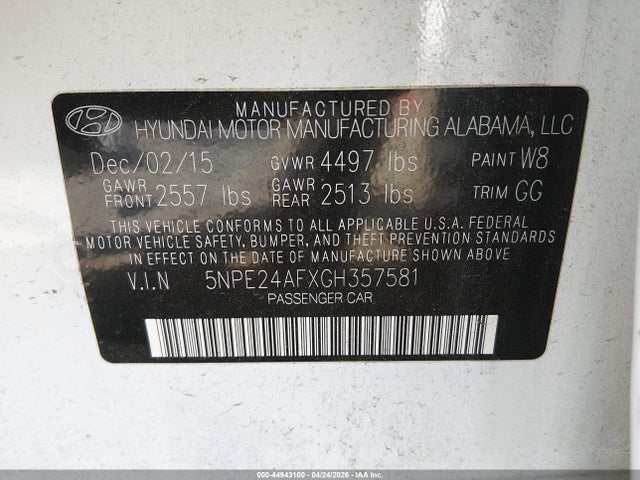 5NPE24AFXGH357581 Hyundai SONATA SE