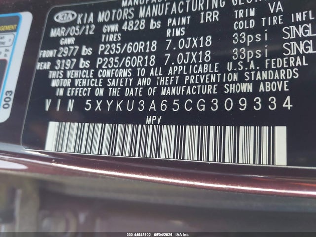 Aukcja sprzedaży 2012 Kia Sorento Ex, vin: 5XYKU3A65CG309334, numer aukcji: 44943102