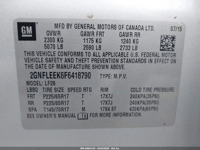2015 Chevrolet Equinox Ls მანქანა იყიდება აუქციონზე, vin: 2GNFLEEK6F6418790, აუქციონის ნომერი: 44943143