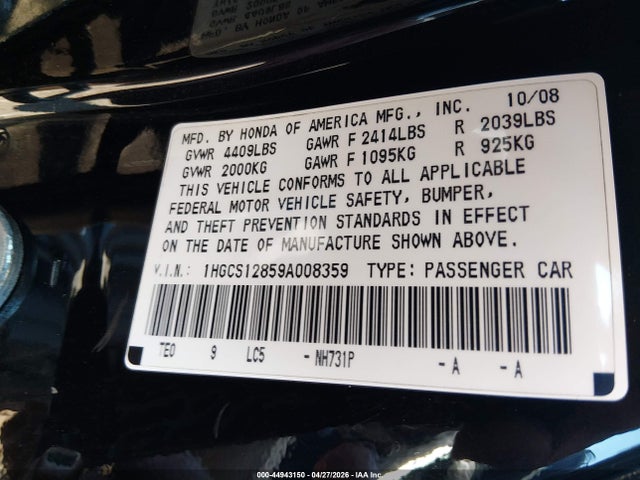 Aukcja sprzedaży 2009 Honda Accord 2.4 Ex-l, vin: 1HGCS12859A008359, numer aukcji: 44943150