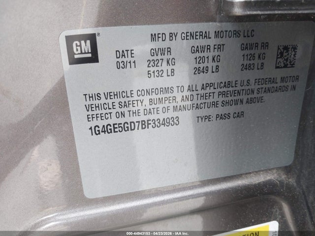 Продаж на аукціоні авто 2011 Buick Lacrosse Cxs, vin: 1G4GE5GD7BF334933, номер лоту: 44943153
