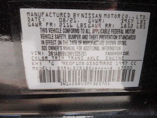 Продажа на аукционе авто 2021 Nissan Sentra S Xtronic Cvt, vin: 3N1AB8BV3MY325701, номер лота: 44943160