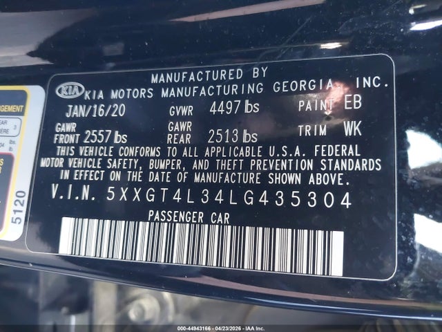 44943166 :رقم المزاد ، 5XXGT4L34LG435304 vin ، 2020 Kia Optima Lx مزاد بيع