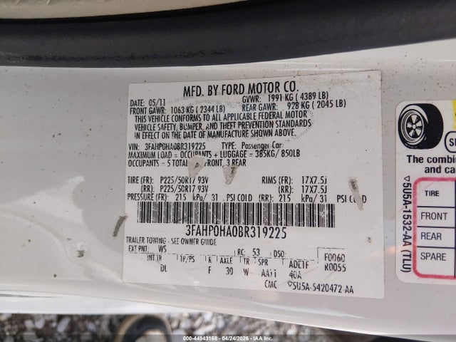 Продаж на аукціоні авто 2011 Ford Fusion Se, vin: 3FAHP0HA0BR319225, номер лоту: 44943168