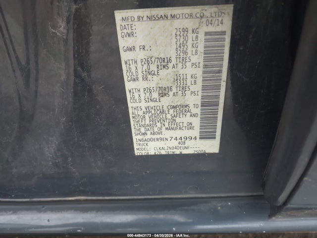 44943173 :رقم المزاد ، 1N6AD0ER9EN744994 vin ، 2014 Nissan Frontier Sv مزاد بيع
